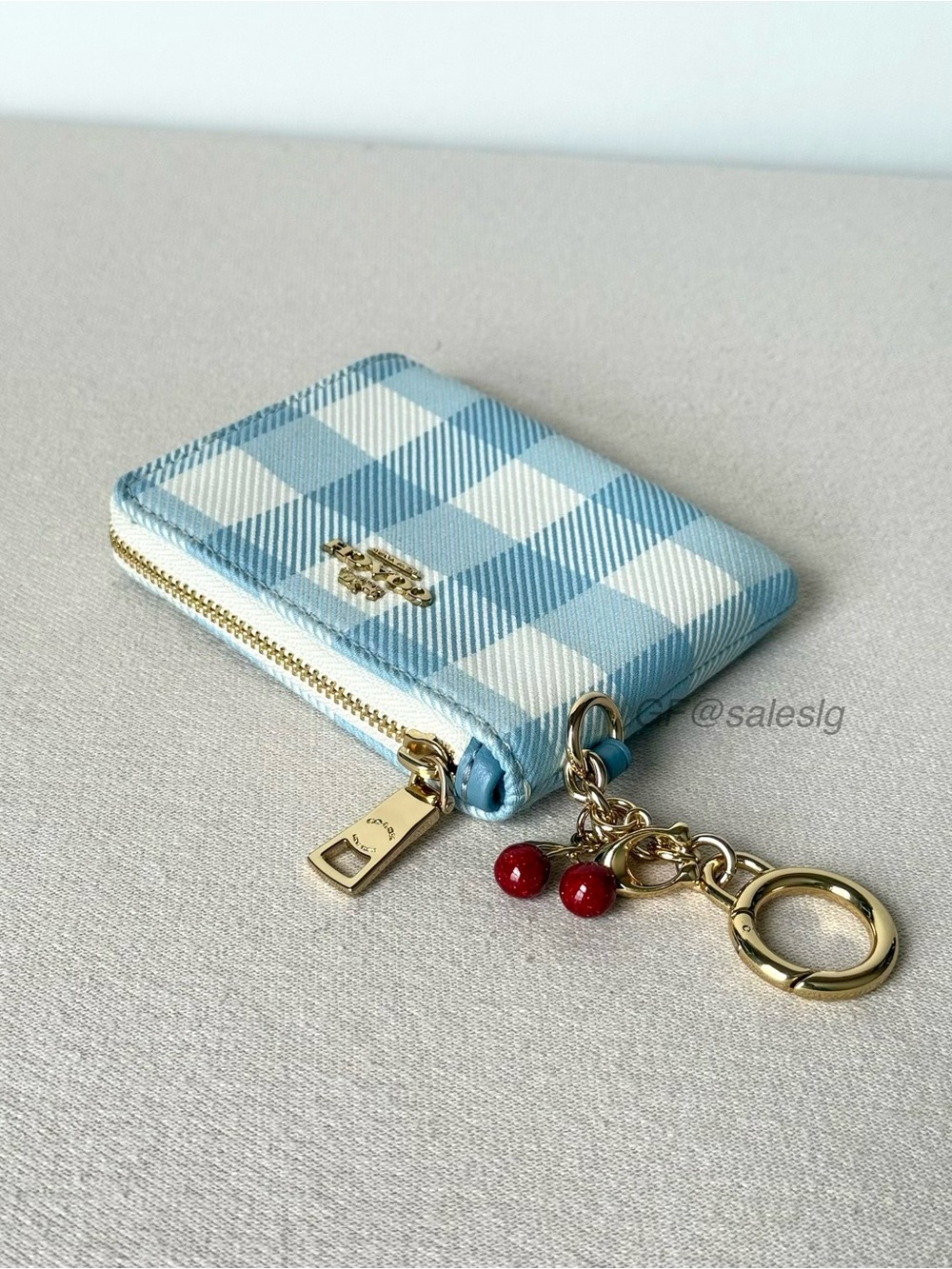 NWT Coach Small Corner Zip Wallet With Gingham Print And Charms Blue CEU99